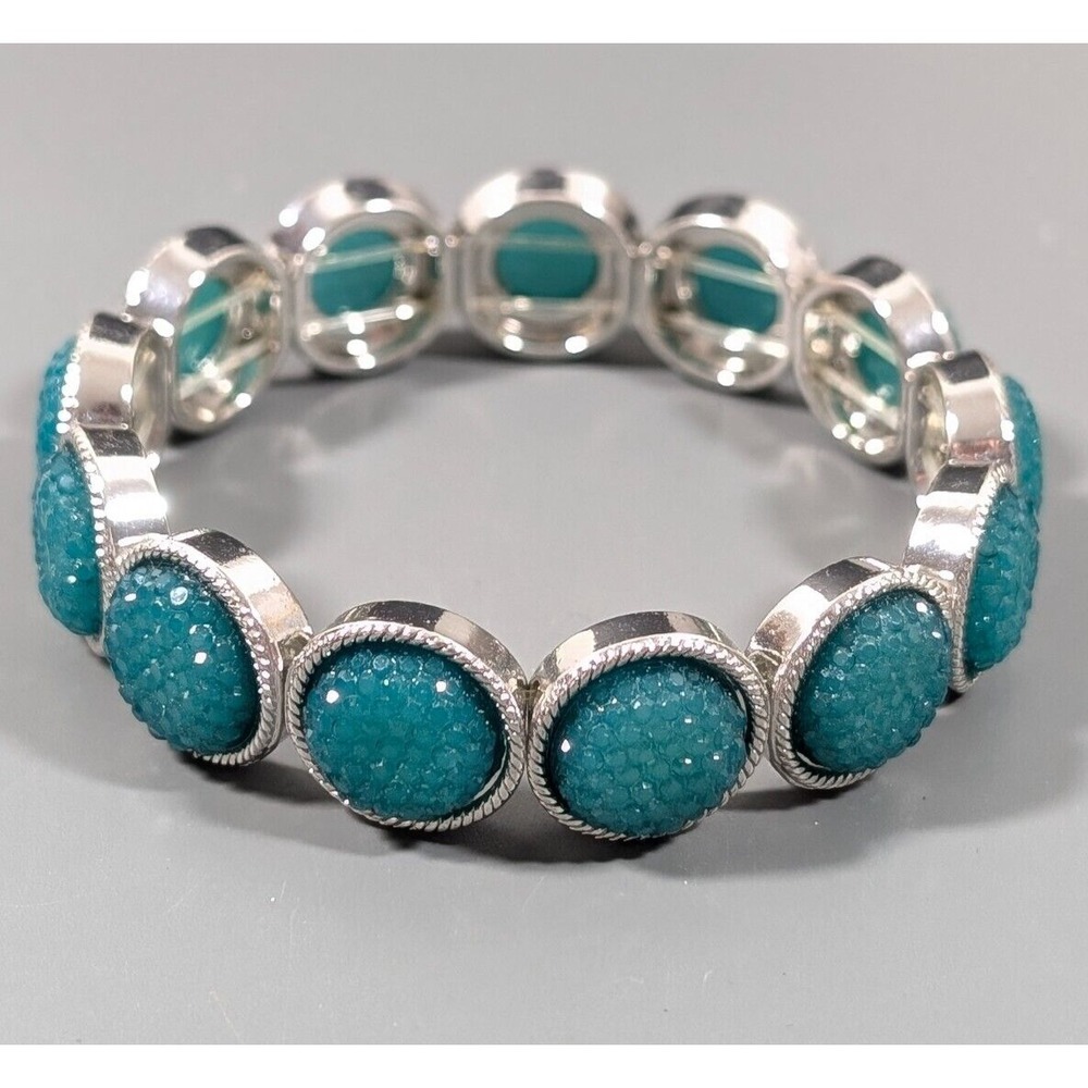 Beachy Coastal Blue Faux Drusy Acrylic Tennis Stretch Bracelet Silver Tone 6.5"